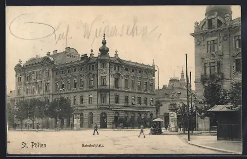 AK St. Pölten, Bahnhofplatz mit Litfasssäule