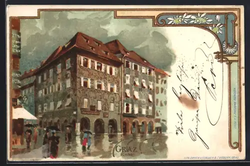 Künstler-AK Graz, Luegg, Leute mit Regenschirmen im Regen