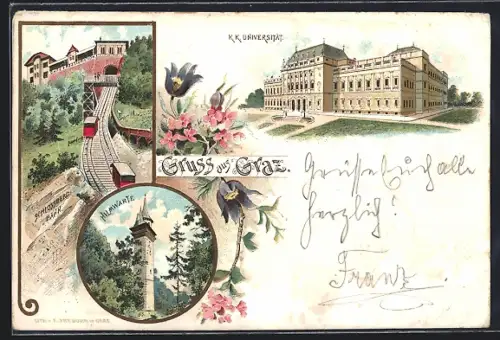 Lithographie Graz, Ansicht der Schlossberg-Bahn, Ansicht der Universität, Hilmwarte