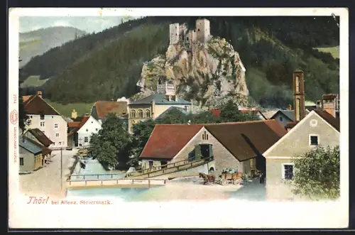 AK Thörl, Teilansicht mit Häuser, Fluss, Brücke und Ruine