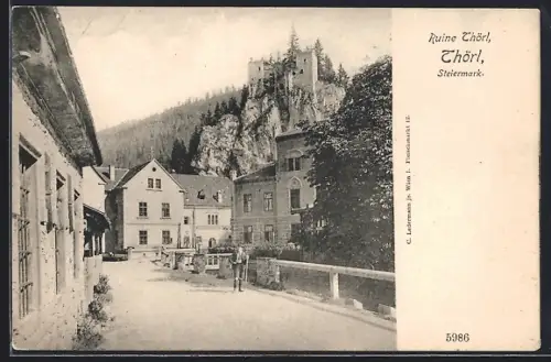 AK Thörl, Ruine Thörl und Wanderer