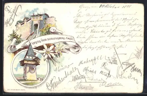 Lithographie Graz, Schlossberg mit Uhrturm