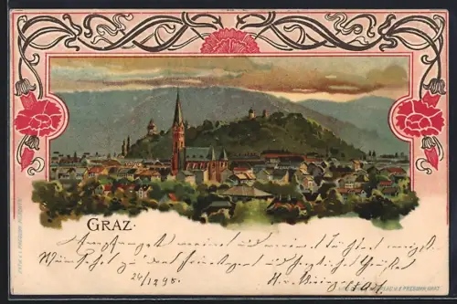 Lithographie Graz, Totalansicht, verzierter Rahmen