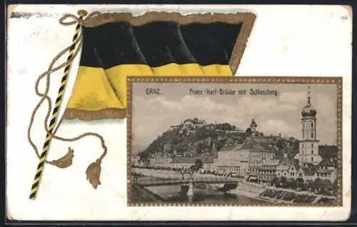 Lithographie Graz, Franz-Karl-Brücke mit Schlossberg, Fahne