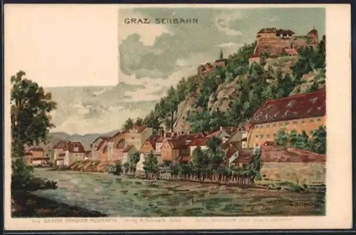 Künstler-AK Graz, Blick auf die Seilbahn am Schlossberg