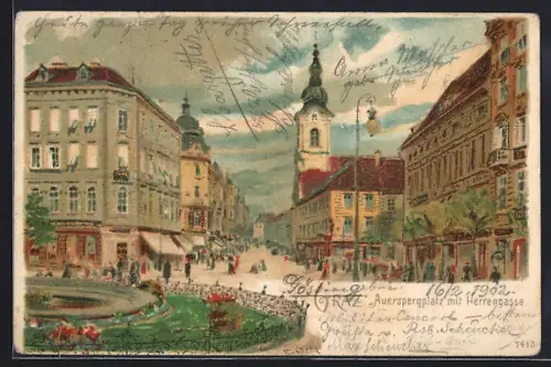 Künstler-AK Graz, Auerspergplatz mit Herrengasse