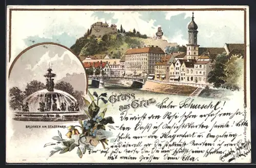 Lithographie Graz, Brunnen am Stadtpark, Blick zum Schlossberg