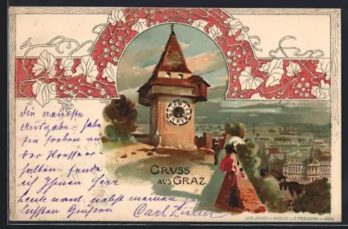 Lithographie Graz, Spaziergänger am Kirchturm