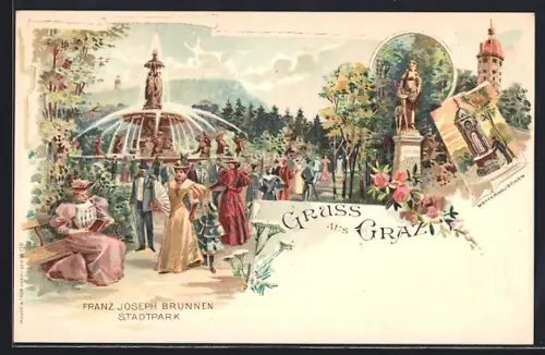 Lithographie Graz, Franz Joseph Brunnen im Stadtpark