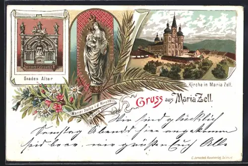 Lithographie Mariazell, Gnadenaltar, Kirche, Marienstatue