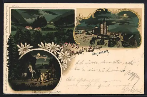 Lithographie Maria-Zell, Wallfahrtskirche, Entstehung der Ortschaft, Edelweiss