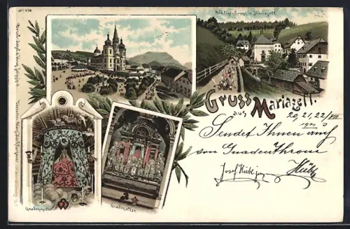 Lithographie Mariazell, Heiligenbrunn, Gnadenmutter, Gnadenaltar, Wallfahrtskirche