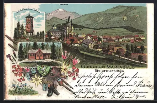 Lithographie Mariazell /Steiermark, Schutzhaus Bürgeralpe, Aussichtsturm Franz Karls-Höhe, Gesamtansicht, Wappen