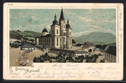 Lithographie Mariazell, Wallfahrtskirche mit Prozession