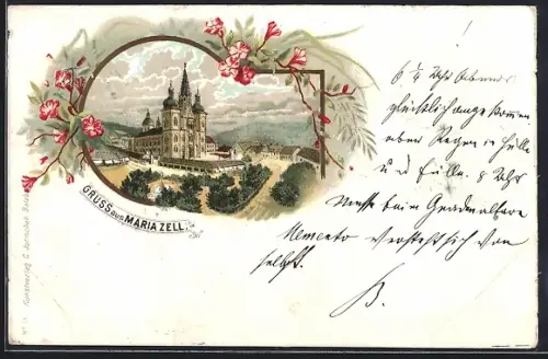 Lithographie Maria Zell, Wallfahrtskirche mit Anlage und Häusern im Rahmen, Blumen