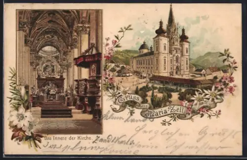 Lithographie Maria-Zell, Inneres und Äusseres der Kirche