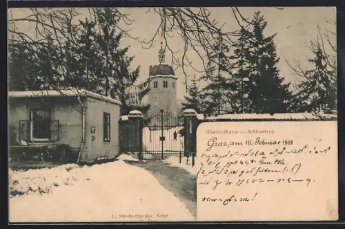 AK Graz, Schlossberg mit Glockenturm im Winter