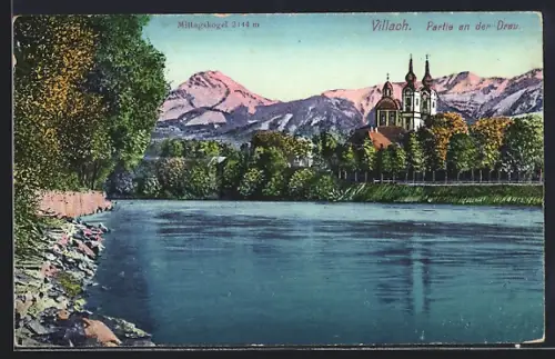 AK Villach, Draupartie mit Kirche, Mittagskogel