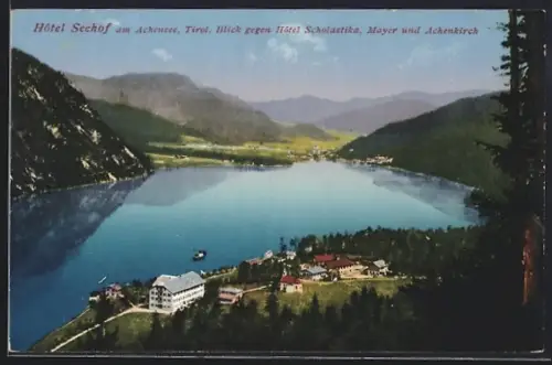 AK Achenkirch /Tirol, Hotel Seehof am Achensee mit Blick gegen Hotel Scholastika, Mayer und Achenkirch