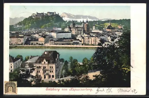 AK Salzburg, Teilansicht mit Festung vom Kapuzinerberg aus