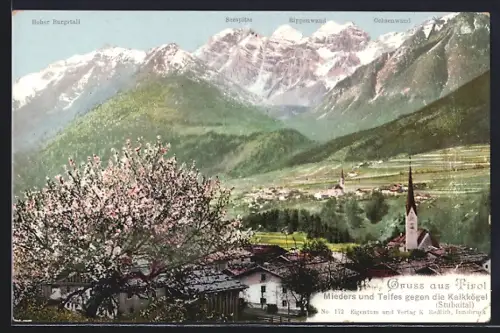 AK Mieders, Ortsansicht mit Telfes gegen die Kalkkögel