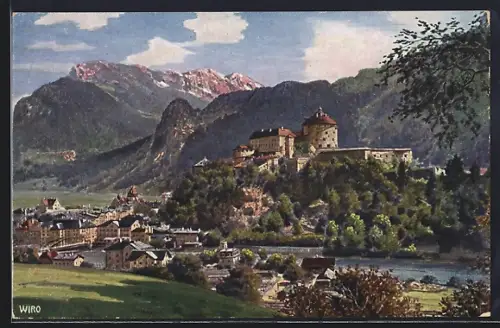 Künstler-AK Kufstein, Teilansicht mit Kaisergebirge