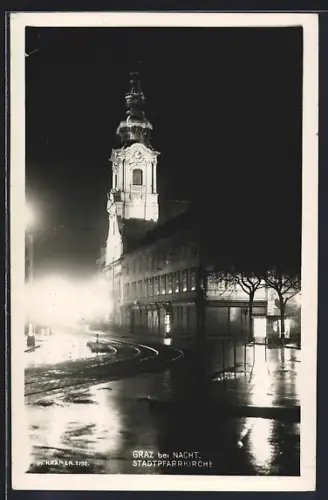 AK Graz, Stadtpfarrkirche bei Nacht