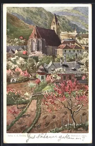 Künstler-AK Spitz a. d. Donau, Ortsansicht mit Kirche