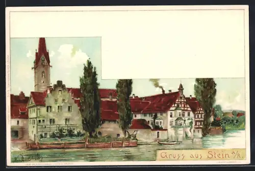 Künstler-AK Stein a. Rh., Ortspartie mit Kirche, um 1900