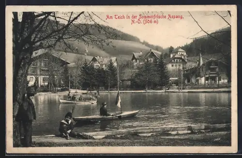 AK Aspang, Am Teich mit Boten und spielenden Kindern