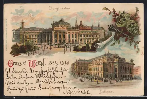 Lithographie Wien I, Burgtheater, Hofoper, Masken, Fackel