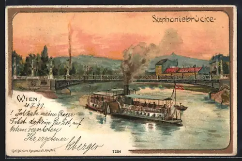Künstler-Lithographie Wien, Dampfer passiert die Stephaniebrücke