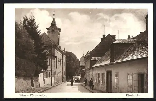 AK Wien-Pötzleinsdorf, Strassenpartie mit Pfarrkirche