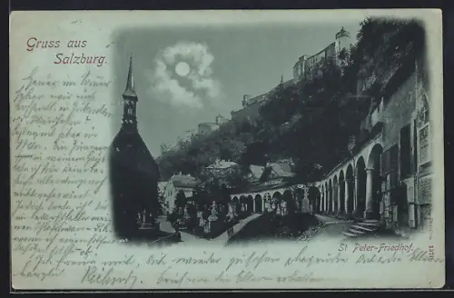 Mondschein-AK Salzburg, Blick auf den St. Peter-Friedhof