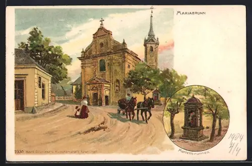 Künstler-AK Wien-Mariabrunn, Kirche und Mariabrunnen