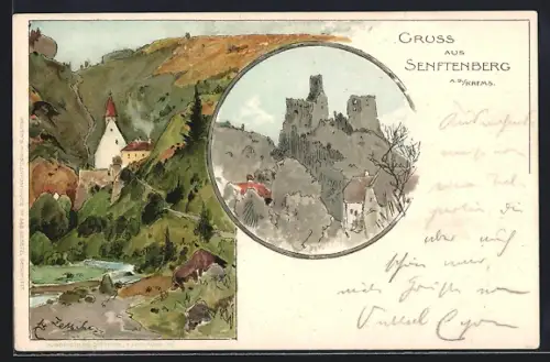 Künstler-AK Senftenberg / Krems, Gebirgsansicht mit Kirche, Burgruine