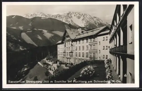 AK Strengberg bei Puchberg, Sanatorium Strengberg mit Berglandschaft