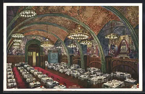 AK Wien, Rathaus-Keller, Innenansicht, Aquarell-Zeichnung