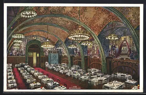 AK Wien, Rathaus-Keller, Innenansicht, Aquarell-Zeichnung