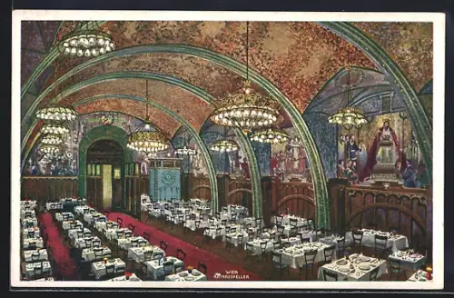 AK Wien, Rathaus-Keller, Innenansicht, Aquarell-Zeichnung