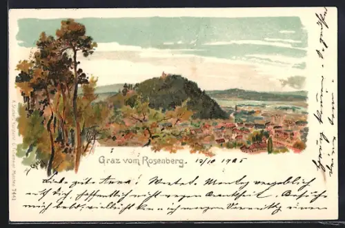 Künstler-Lithographie Emil Czech: Graz, gesehen vom Rosenberg