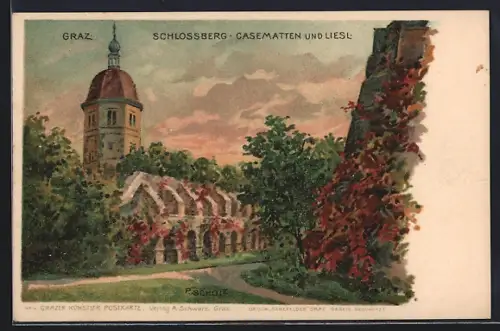 Künstler-AK Graz, Schlossberg, Casematten und Liesl