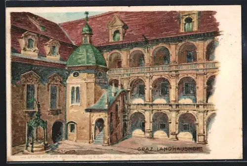 Lithographie Graz, Landhaushof mit Treppenaufgang