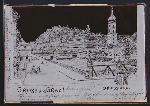 Lithographie Graz, Ortspartie mit Schlossberg