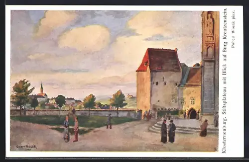 AK Klosterneuburg, Stiftsplateau mit Blick auf Burg Kreutzenstein