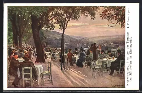 Künstler-AK Klosterneuburg, Blick von der Terrasse des Restaurant Stiftkeller ins Kierlingertal