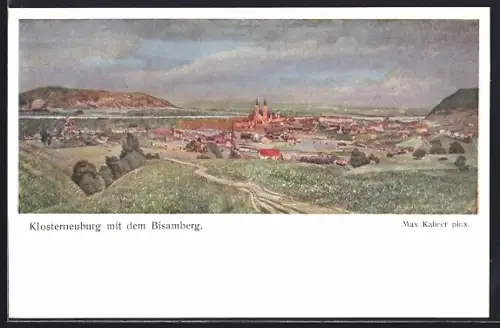 Künstler-AK Klosterneuburg, Ortsansicht mit dem Bisamberg