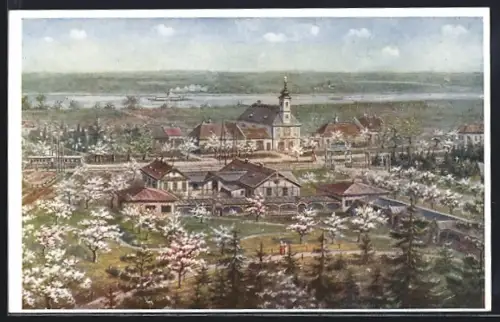 Künstler-AK Maria Ellend a. d. Donau, Ortsansicht im Frühling