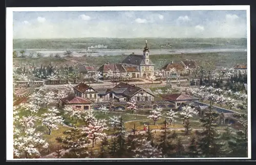 Künstler-AK Maria Ellend / Donau, Totalansicht im Frühling