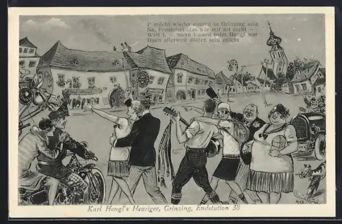 Künstler-AK Grinzing, Karl Hengls Heuriger, Endstation 38